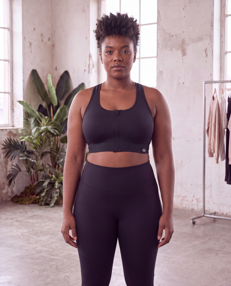 Bralette Sportiva Compressiva con Zip Frontale ad Alto Sostegno - Nero