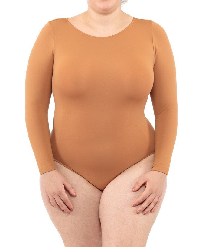 Body Curvy Costina Manica Lunga Cammello Indossato Taglie Forti | Leela Lab