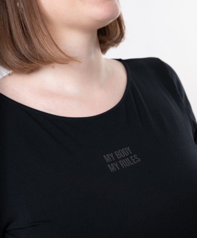 Body Seamless Manica Lunga My Body My Rules Nero Curvy fronte | Leela Lab