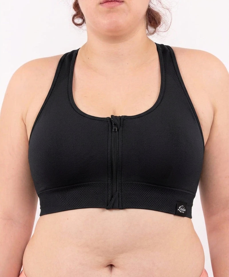 Bralette Sportiva Compressiva con Zip Frontale ad Alto Sostegno - Nero